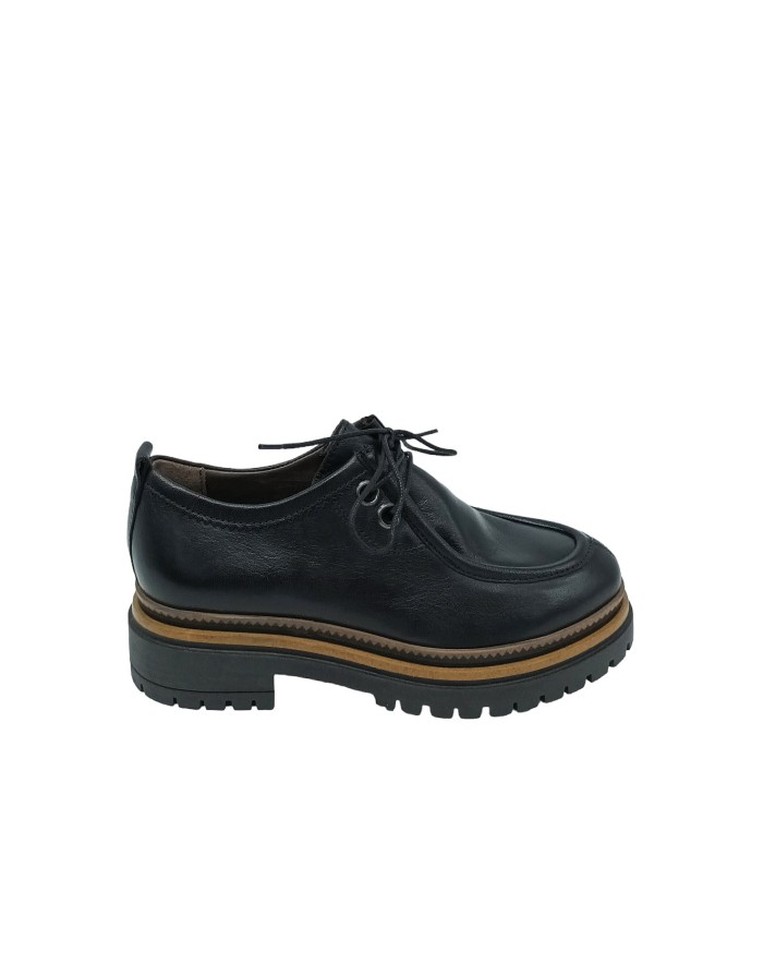 MJUS T60107 STRINGATA INGEGNERE IN VITELLO COLORE NERO, FONDO GOMMA CARRO CON GUARDOLO CUOIO, TACCO 4CM