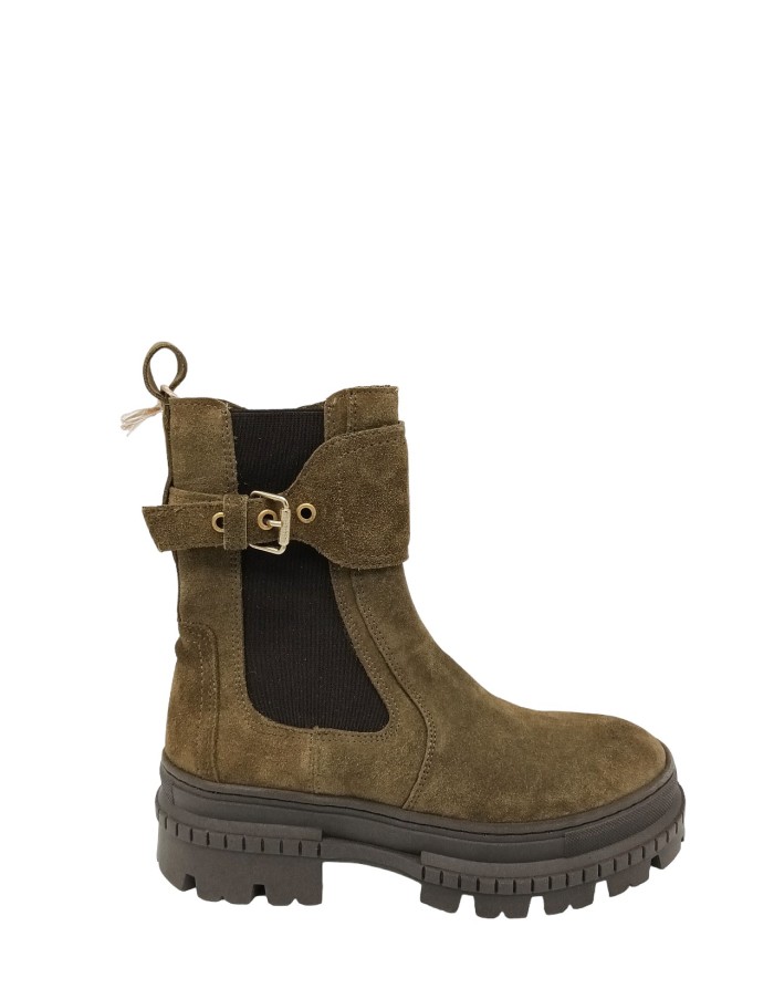 MJUS T68205 ANFIIBIO LISCIO CON LAMPO LATERALE, TOMAIA IN CAMOSCIO INGRASSATO COLORE VERDE SAFARI, FONDO GOMMA CARRO, TACCO 5CM