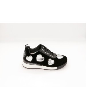 MOSCHINO JA 15732 SNEAKER LACCI DONNA IN VELLUTO COLORE NERO CON CUORI IN LAMINATO SPECCHIO ARGENTO,FONDO GOMMA 3CM