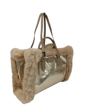 MY-BEST BAG BORSA GRANDE  IN VITELLO LAMINATO COLORE PLATINO CON PROFILI IN VITELLO BEIGE , MANICI, MANICI A SPALLA E TRACOLLA 