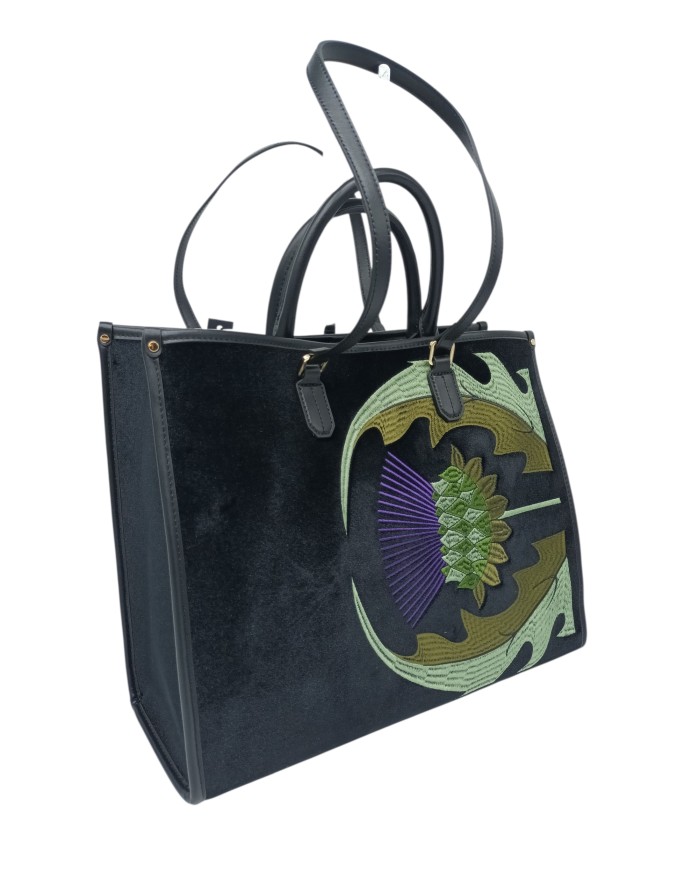 MY-BEST BAG BORSA GRANDE IN VELLUTO NERO CON RICAMO FIORATO, RIPORTI IN VITELLO NERO, MANICI E MANICI A SPALLA