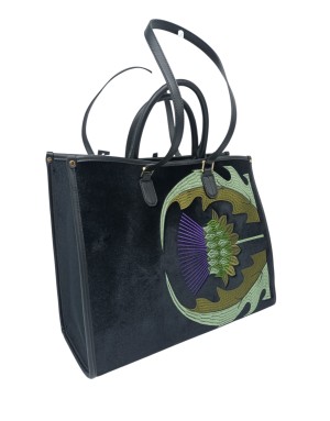 MY-BEST BAG BORSA GRANDE IN VELLUTO NERO CON RICAMO FIORATO, RIPORTI IN VITELLO NERO, MANICI E MANICI A SPALLA