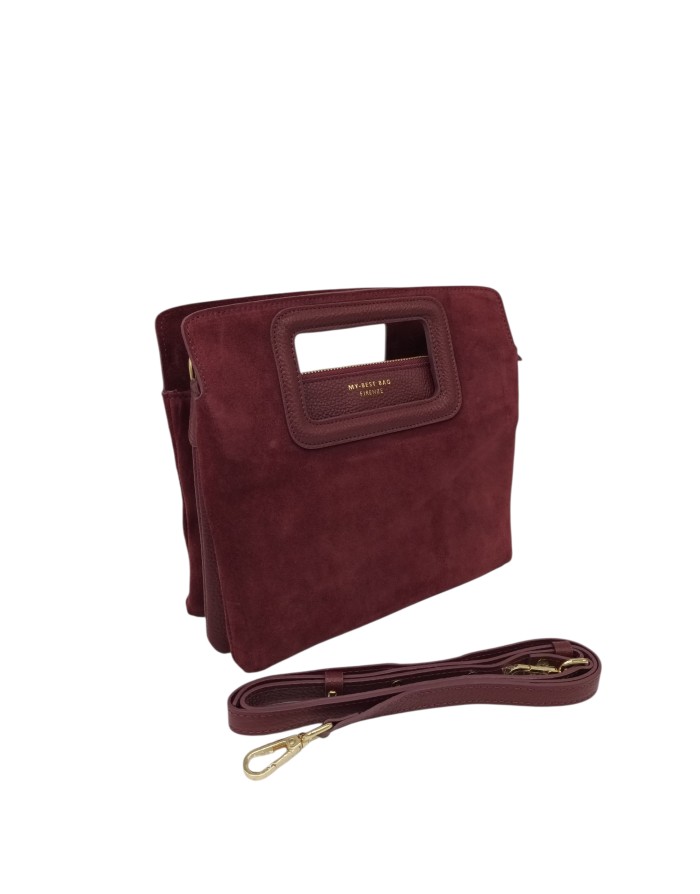 MY-BEST BAG BORSA MEDIA IN CAMOSCIO E VITELLO COLORE BORDEAUX, TRE SCOMPARTI CON LAMPO CENTRALE, MANICI E TRACOLLA STACCABILE/R