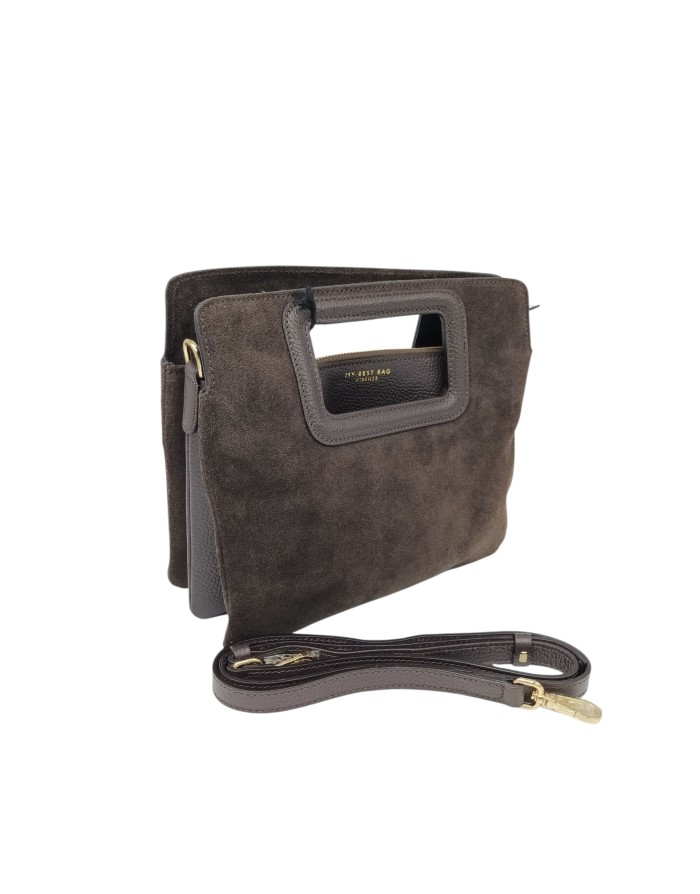 MY-BEST BAG BORSA MEDIA IN CAMOSCIO E VITELLO COLORE CHOCOLATE, TRE SCOMPARTI CON LAMPO CENTRALE, MANICI E TRACOLLA STACCABILE/