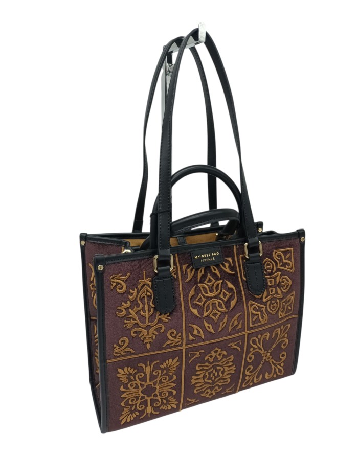 MY-BEST BAG BORSA MEDIA IN VELLUTO DAMASCATO COLORE T.MORO/TABACCO, RIPORTI IN VITELLO NERO, MANICI, MANICI A SPALLA E TRACOLLA