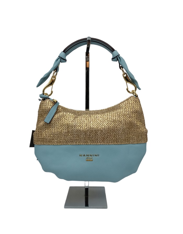 NANNINI 17242A, BORSA MEDIA IN VITELLO BOTTALATO COLORE CIELO CON PARTE SUPERIORE IN RAFFIA DORATA, LAMPO CENTRALE, MANICO STAC