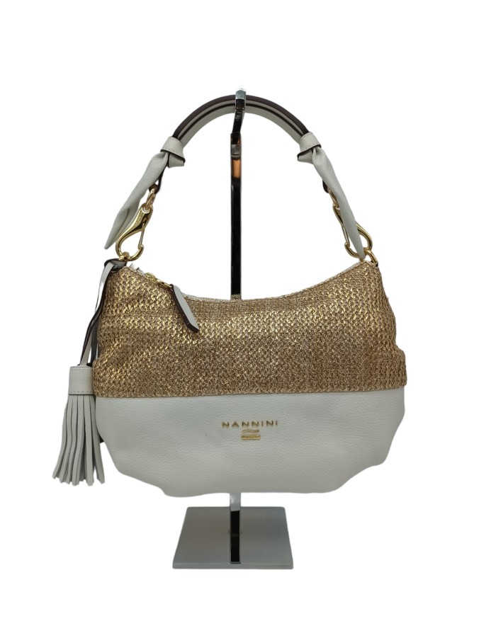 NANNINI 17242A, BORSA MEDIA IN VITELLO BOTTALATO COLORE OFF WHITE CON PARTE SUPERIORE IN RAFFIA DORATA, LAMPO CENTRALE, MANICO 