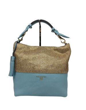 NANNINI 17243A, BORSA GRANDE IN VITELLO BOTTALATO COLORE CIELO CON PARTE SUPERIORE IN RAFFIA DORATA, LAMPO CENTRALE, MANICO STA