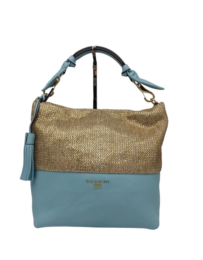 NANNINI 17243A, BORSA GRANDE IN VITELLO BOTTALATO COLORE CIELO CON PARTE SUPERIORE IN RAFFIA DORATA, LAMPO CENTRALE, MANICO STA