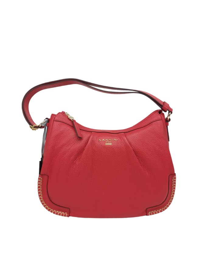 NANNINI 17329, BORSA GRANDE IN VITELLO BOTTALATO COLORE ROSSO, IMPUNTURE CAMEL SUI RINFORZI LATERALI, MANICO/TRACOLLA REGOLABIL
