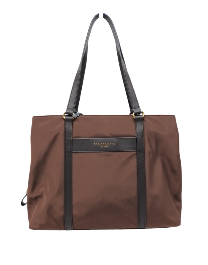 NANNINI 17376 LIBERTY, BORSA GRANDE IN NYLON E VITELLO COLORE SIGARO, LAMPO CENTRALE E DUE SCOMPARTI A CLIPSE, MANICI A SPALLA