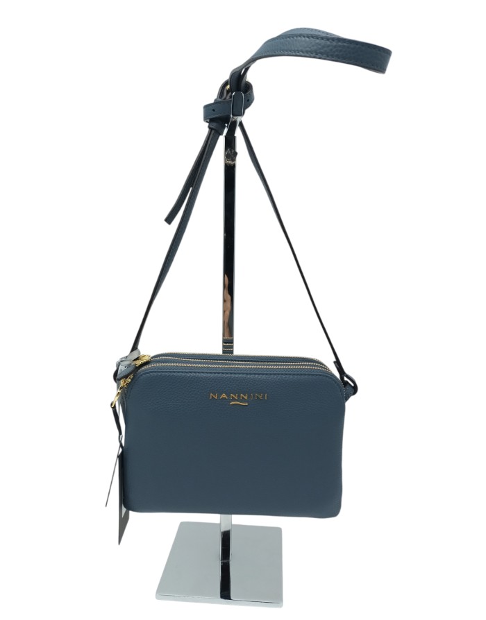 NANNINI 17381 KEIRA, BORSA MEDIA/PICCOLA IN VITELLO BOTTALATO COLORE JEANS, TRE SCOMPARTI CON TRE LAMPO DORATE, TRACOLLA LUNGA 