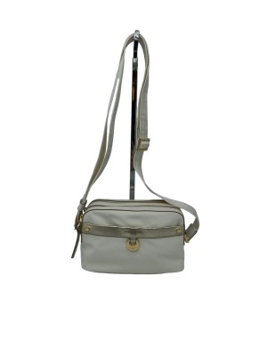 NANNINI 17401 REENE, BORSA PICCOLA/MEDIA IN NYLON E VITELLO  COLORE OFF WHITE CON RIPORTI IN LAMINATO PLATINO, DUE LAMPO CENTRA