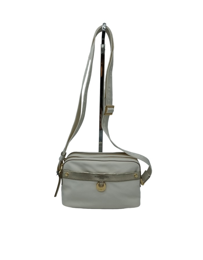 NANNINI 17401 REENE, BORSA PICCOLA/MEDIA IN NYLON E VITELLO  COLORE OFF WHITE CON RIPORTI IN LAMINATO PLATINO, DUE LAMPO CENTRA