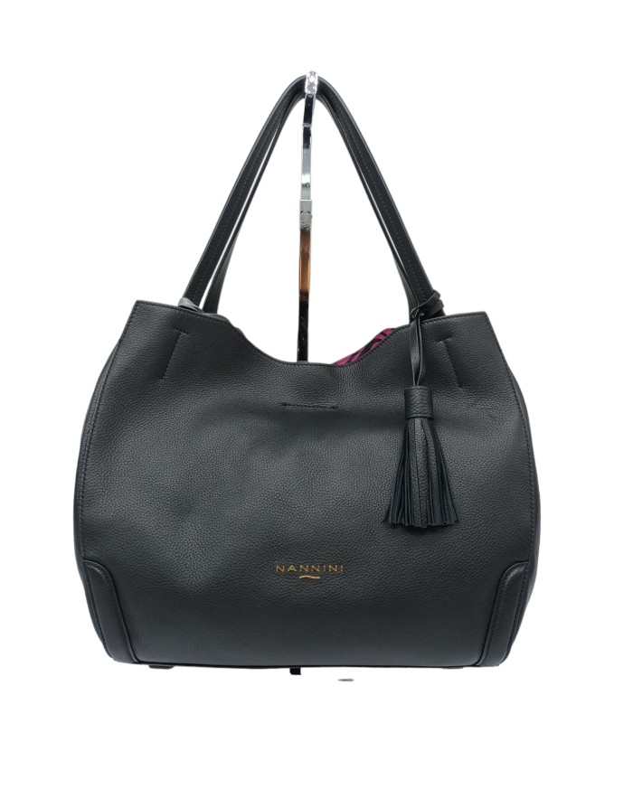 NANNINI 17422 ALICE, BORSA GRANDE IN VITELLO BOTTALATO COLORE NERO, DUE MANICI LUNGHI, TRACOLLA STACCABILE/REGOLABILE, INTERNO 