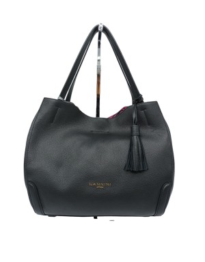 NANNINI 17422 ALICE, BORSA GRANDE IN VITELLO BOTTALATO COLORE NERO, DUE MANICI LUNGHI, TRACOLLA STACCABILE/REGOLABILE, INTERNO 