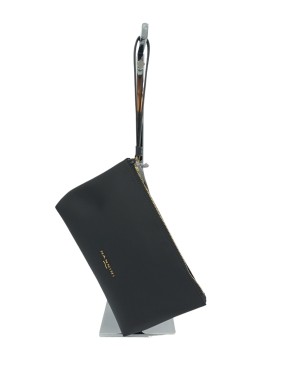 NANNINI 18024 SARA, POCHETTE IN NYLON COLOR NERO, LAMPO CENTRALE CON LACCETTO IN PELLE NERA