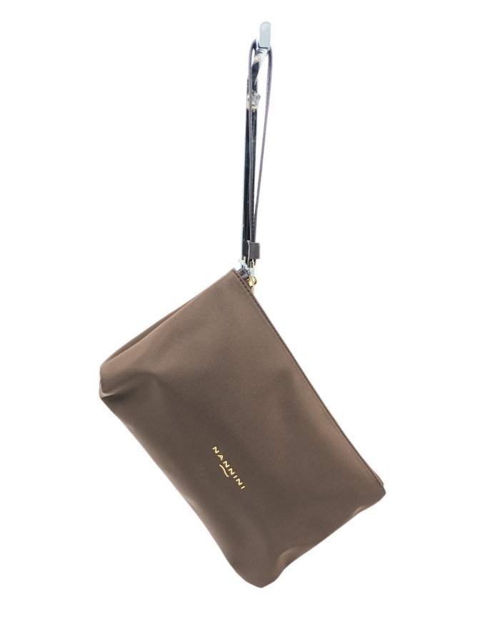 NANNINI 18024 SARA, POCHETTE IN NYLON COLOR SIGARO, LAMPO CENTRALE CON LACCETTO IN PELLE NERA