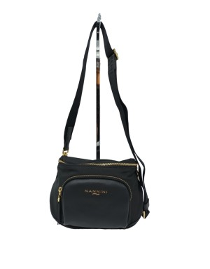NANNINI 18202 GARDENIA, BORSA MEDIA IN NYLON E VITELLO COLORE NERO, CHIUSURA CON LAMPO CENTRALE, TASCA FRONTALE, TRACOLLA STACC
