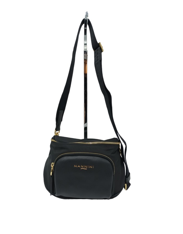NANNINI 18202 GARDENIA, BORSA MEDIA IN NYLON E VITELLO COLORE NERO, CHIUSURA CON LAMPO CENTRALE, TASCA FRONTALE, TRACOLLA STACC