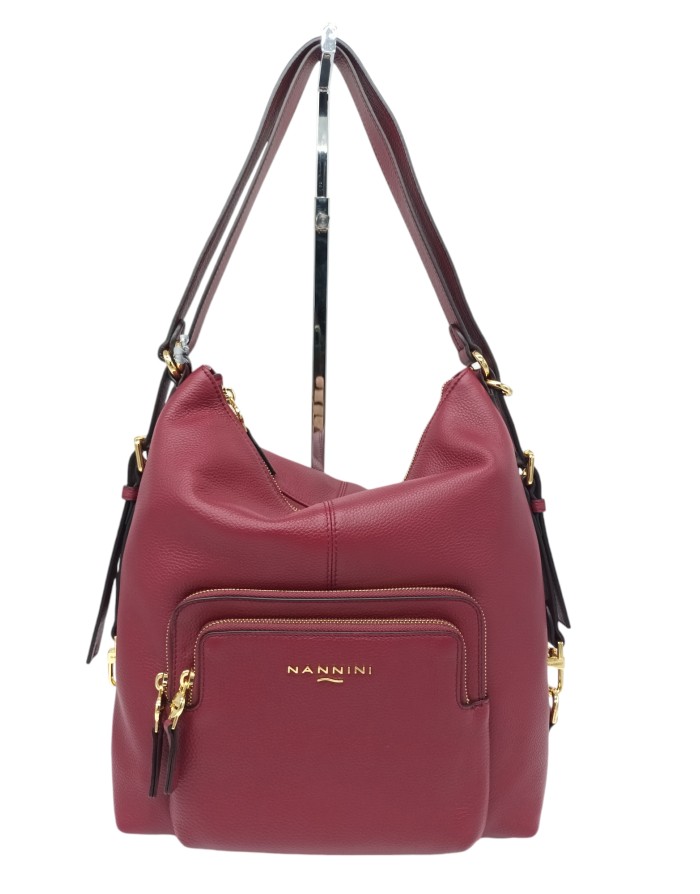 NANNINI 18212 TIZIANA, BORSA/ZAINO GRANDE IN VITELLO BOTTALATO COLORE BORDEAUX, TASCA POSTERIORE E DUE TASCONI FRONTALI, TRACOL