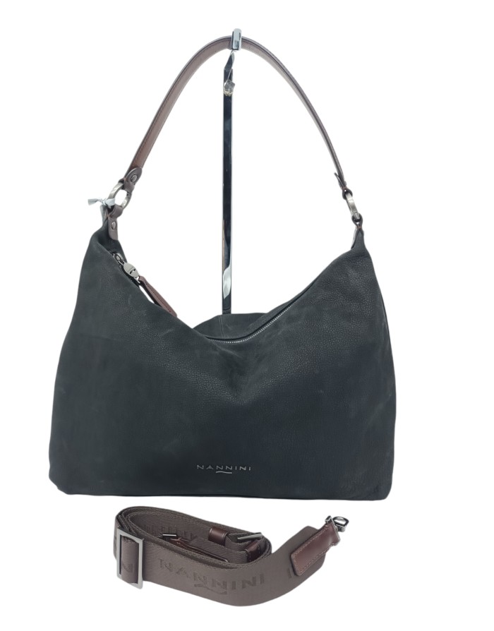 NANNINI 18458A ASIA, BORSA GRANDE IN NABUK BOTTALATO COLORE NERO CON RIPORTI IN VITELLO COLORE BRUCIATO, LAMPO CENTRALE, MANICO