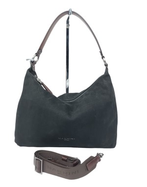 NANNINI 18458A ASIA, BORSA GRANDE IN NABUK BOTTALATO COLORE NERO CON RIPORTI IN VITELLO COLORE BRUCIATO, LAMPO CENTRALE, MANICO