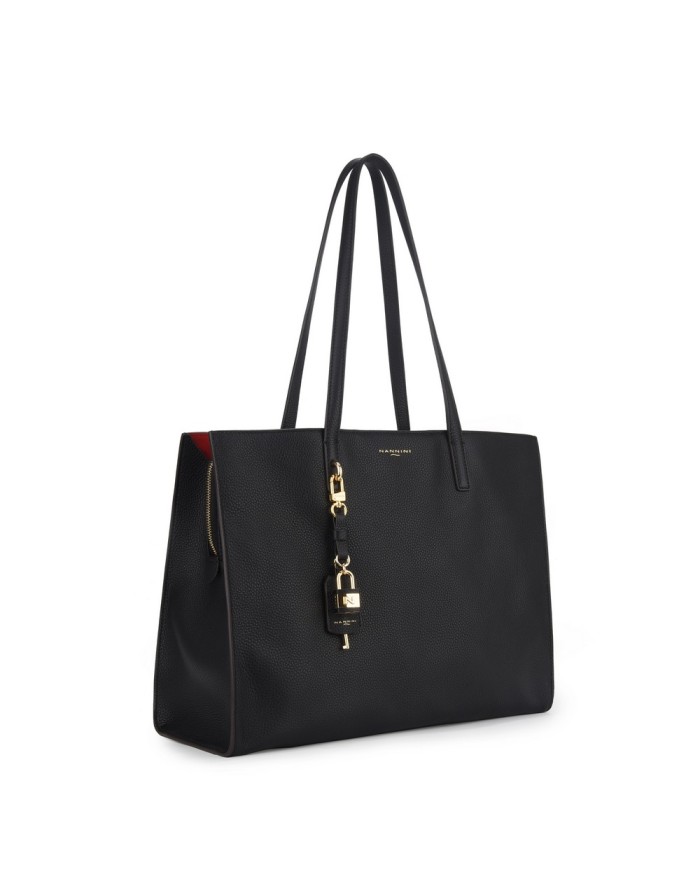 NANNINI HELGA BORSA GRANDE IN VITELLO BOTTALATO COLORE NERO, TRE SCOMPARTI, LAMPO CENTRALE, TASCA POSTERIORE E DUE MANICI SPALL