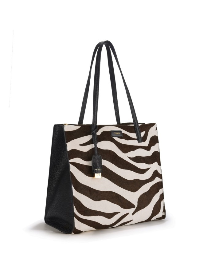 NANNINI HELGA BORSA GRANDE IN VITELLO BOTTALATO NERO CON FRONTALE IN CAVALLINO ZEBRATO  , TRE SCOMPARTI, LAMPO CENTRALE, TASCA 