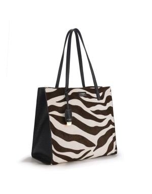 NANNINI HELGA BORSA GRANDE IN VITELLO BOTTALATO NERO CON FRONTALE IN CAVALLINO ZEBRATO  , TRE SCOMPARTI, LAMPO CENTRALE, TASCA 