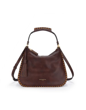 NANNINI IRMA BORSA GRANDE IN VITELLO COLORE CUOIO INGRASSATO, LAMPO CENTRALE, TASCA POSTERIORE, PROFILI BORCHIATI BRONZO, MANIC