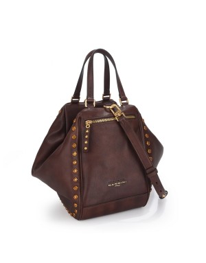 NANNINI IRMA BORSA GRANDE IN VITELLO COLORE CUOIO INGRASSATO, LAMPO CENTRALE, TASCHE LATERALI, PROFILI BORCHIATI BRONZO, DUE MA