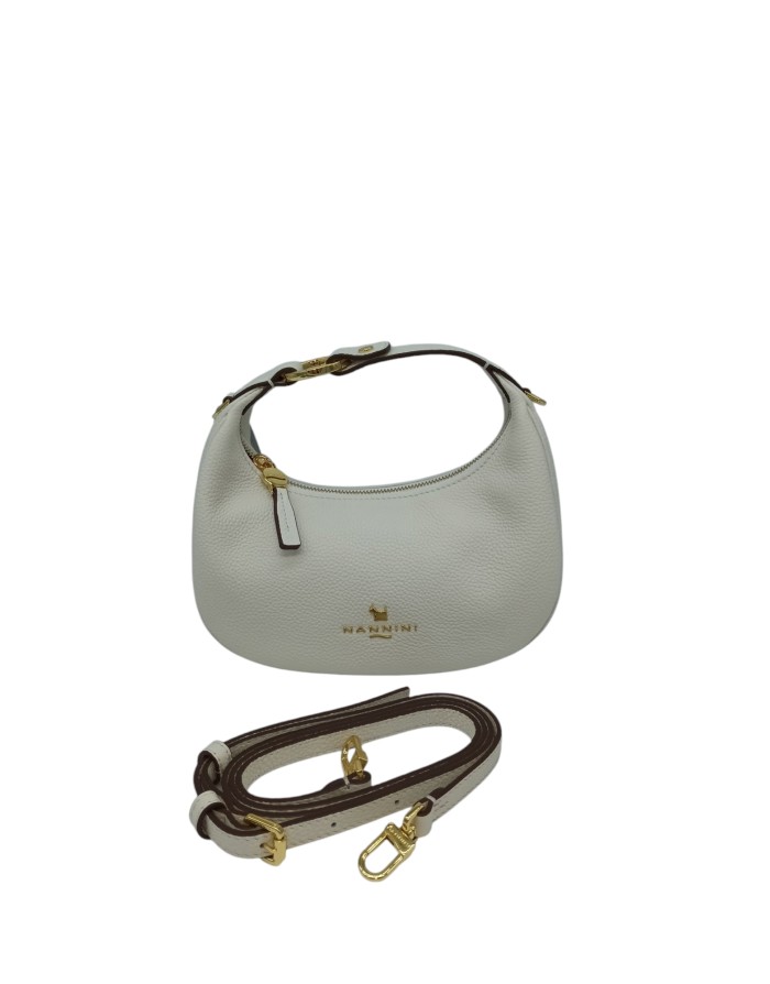 NANNINI KEIRA BORSA PICCOLA 1/2 LUNA IN VITELLO BOTTALATO COLORE AVORIO, LAMPO CENTRALE, MANICO E TRACOLLA STACCABILE/REGOLABIL