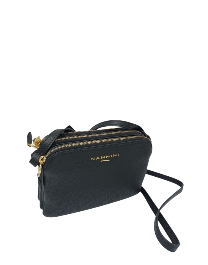 NANNINI KEIRA BORSA PICCOLA IN VITELLO BOTTALATO COLORE NERO, TRE SCOMPARTI CON LAMPO, TRACOLLA REGOLABILE