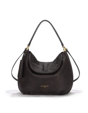 NANNINI LINCON BORSA GRANDE IN VITELLO PIENO FIORE COLORE SIGARO, CHIUSURA CON PATTA, TASCA POSTERIORE, MANICO A SPALLA E TRACO