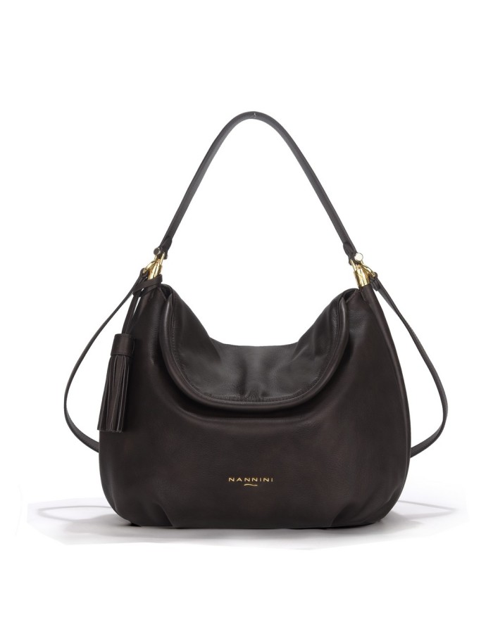 NANNINI LINCON BORSA GRANDE IN VITELLO PIENO FIORE COLORE SIGARO, CHIUSURA CON PATTA, TASCA POSTERIORE, MANICO A SPALLA E TRACO