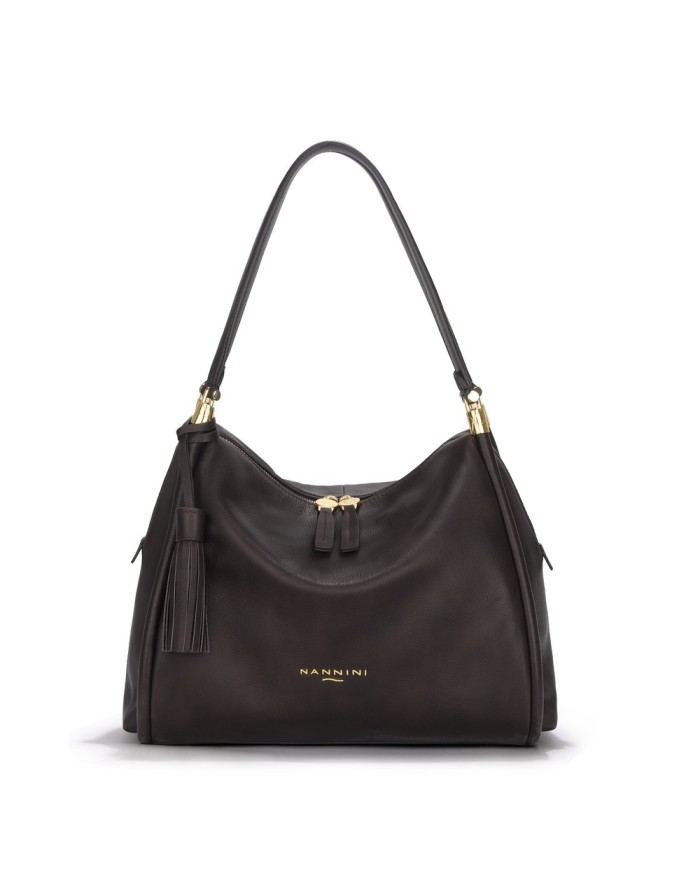 NANNINI LINCON BORSA GRANDE IN VITELLO PIENO FIORE COLORE SIGARO, LAMPO CENTRALE, TASCA POSTERIORE, DUE MANICI A SPALLA