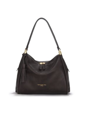 NANNINI LINCON BORSA GRANDE IN VITELLO PIENO FIORE COLORE SIGARO, LAMPO CENTRALE, TASCA POSTERIORE, DUE MANICI A SPALLA