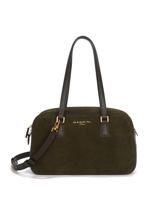 NANNINI MICOL BORSA MEDIO/GRANDE IN VITELLO BOTTALATO E CAMOSCIO COLORE VERDE BOTTIGLIA, LAMPO CENTRALE, TASCA POSTERIORE, DUE 