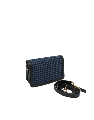 NINA HILL NH514, BORSA PICCOLA IN VITELLO BOTTALATO COLORE NERO E TESSUTO PIED DE POULE BLU, CHIUSURA CON PATTA, TRE SCOMPARTI 