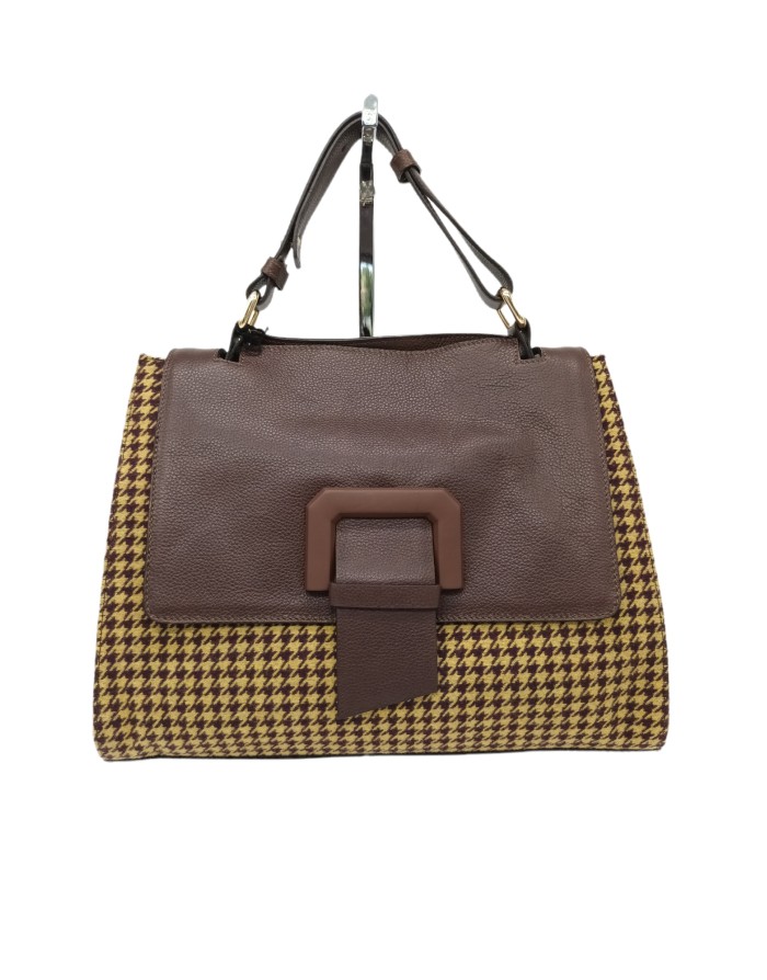 NINA HILL NH522 BORSA MEDIA/GRANDE IN VITELLO COLORE T.MORO E PIED DE POULE INDIOS, PATTA CON FIBBIONE IN T.MORO, MANICO E TRAC