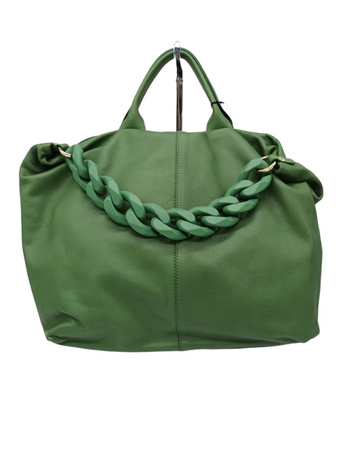 NINA HILL NH528 BORSA GRANDE IN VITELLO BOTTALATO COLORE LATTUGA, DUE MANICI, TRACOLLINA A CATENA STACCABILE E TRACOLLA REGOLAB