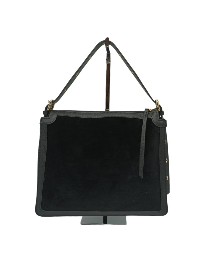 NINA HILL NH530, BORSA GRANDE IN  VELLUTO E VITELLO BOTTALATO COLORE NERO, LAMPO CENTRALE, MANICO/TRACOLLA REGOLABILE CON BORCH