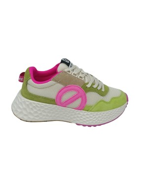 NO NAME SNEAKER LACCI IN TESSUTO ELASTICIZZATO COLORE BIANCO/LIME/TORTORA CON RIPORTI FUXIA, FONDO GOMMA EXTRA LIGHT