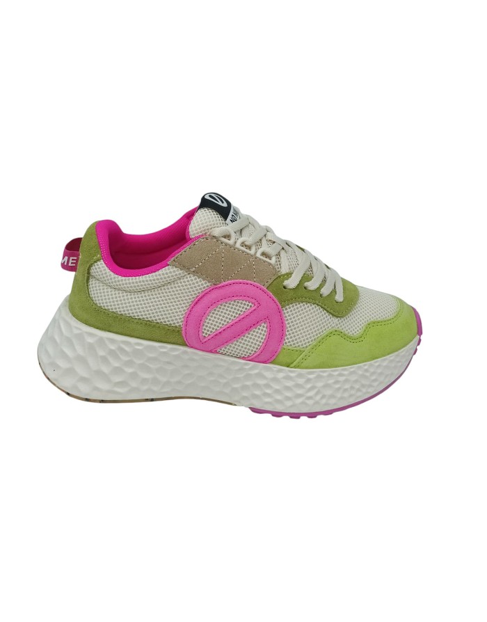 NO NAME SNEAKER LACCI IN TESSUTO ELASTICIZZATO COLORE BIANCO/LIME/TORTORA CON RIPORTI FUXIA, FONDO GOMMA EXTRA LIGHT