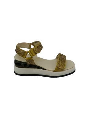 NOA HARMON 9175-01, SANDALO DUE FASCE CON VELCRO, TOMAIA IN TESSUTO TECNICO COLORE MOSTARDA CON STRASSE ORO, FONDO MICRO 6CM