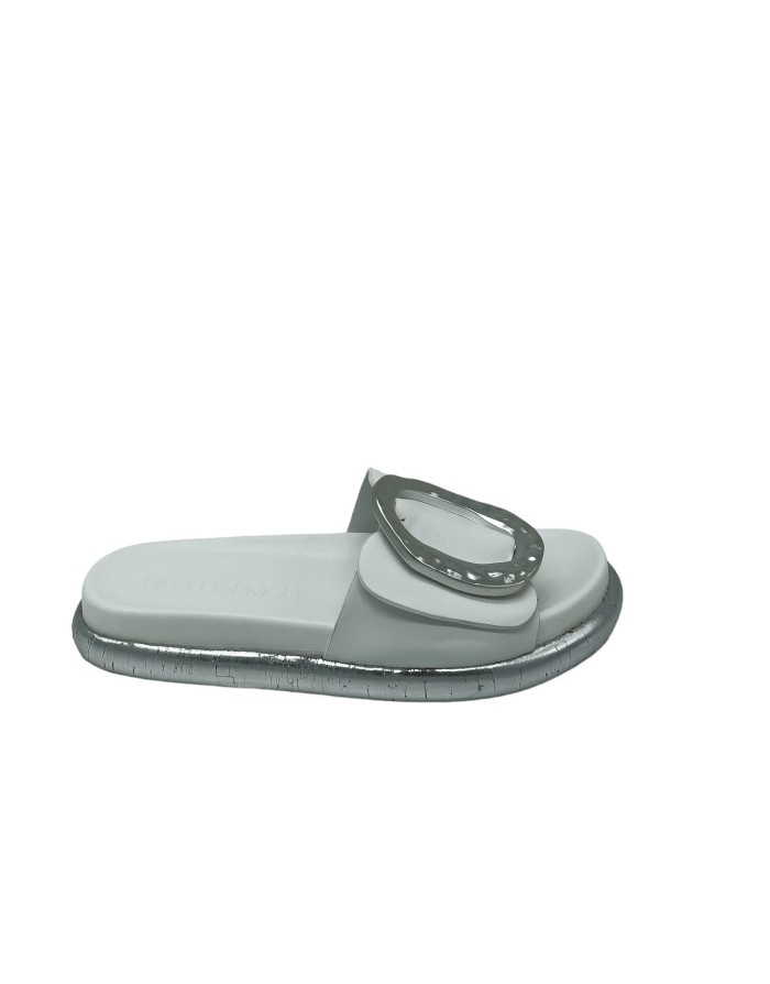 NOA HARMON 9670-M00, SANDALO/SABOT SPUNTATO UNA FASCIA, TOMAIA IN VITELLO COLORE BIANCO CON FIBBIONE ARGENTO, GUARDOLO ARGENTO 