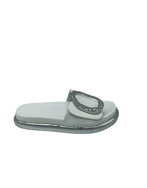 NOA HARMON 9670-M00, SANDALO/SABOT SPUNTATO UNA FASCIA, TOMAIA IN VITELLO COLORE BIANCO CON FIBBIONE ARGENTO, GUARDOLO ARGENTO 