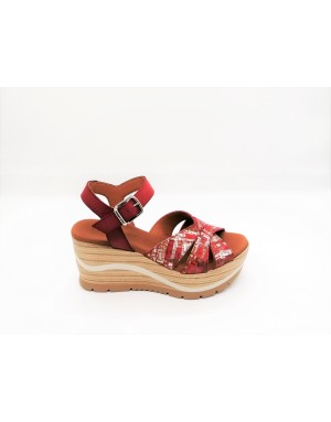 PAULA URBAN 11-51 SANDALO CON FASCETTE INCROCIATE E CINTURINO ALLA CAVIGLIA, TOMAIA IN VITELLO COLORE ROSSO/MULTI, FONDO ZEPPA 