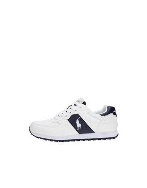 POLO RALPH LAUREN SLATON PONYRUNNING, SNEAKER LACCI IN CAMOSCIO E TESSUTO COLORE BIANCO CON BANDA LATERALE BLU, FONDO MICRO
